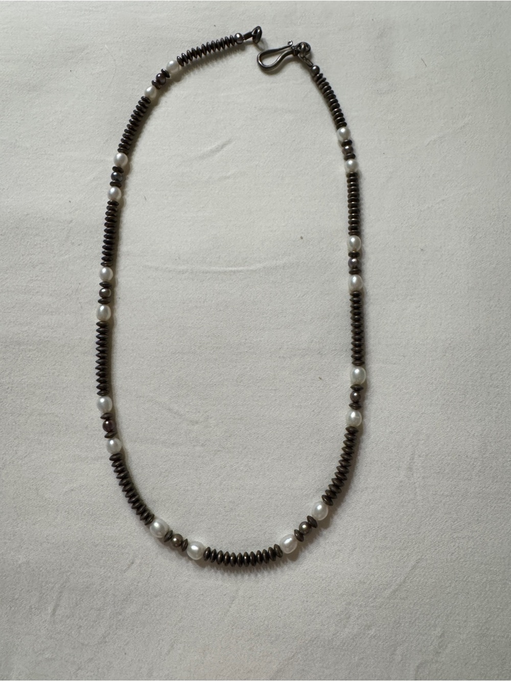 Genuine Seed Pearl, oxidized silver and Bead Necklace - White and Gunmetal